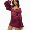 Princess Polly Karuah Long Sleeve Mini Dress Burgundy Burgundy