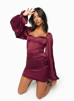Princess Polly Karuah Long Sleeve Mini Dress Burgundy Burgundy