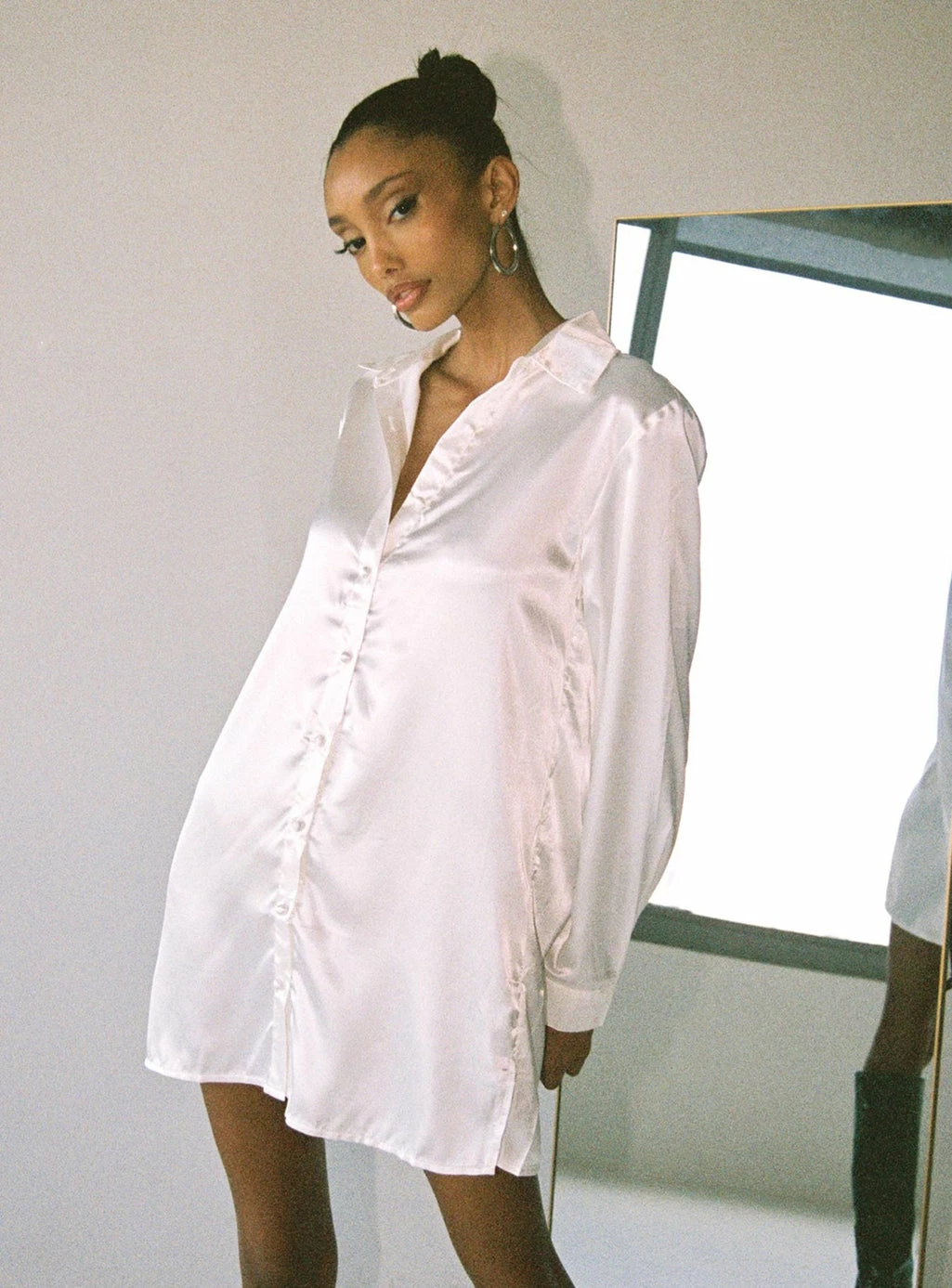 Princess Polly 90210 Satin Shirt Mini Dress White White