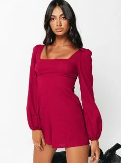 Princess Polly Hastings Long Sleeve Romper Burgundy Burgundy