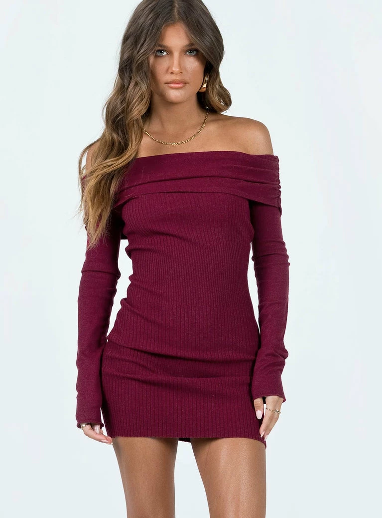 Princess Polly Lower Impact Camtel Off The Shoulder Mini Dress Burgundy Burgundy - Image 7